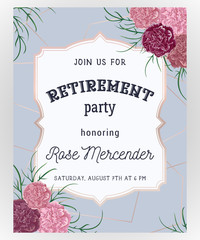 Retirement party invitation. Design template with rose gold polygonal frame and carnation flowers in watercolor style. Vector illustration 