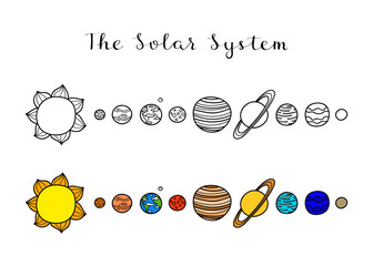 Set of hand drawn planets with lettering.