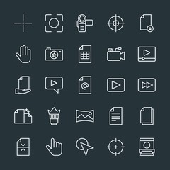Modern Simple Set of video, photos, cursors, files Vector outline Icons. Contains such Icons as  cursor, file, download,  office,  digital and more on dark background. Fully Editable. Pixel Perfect.