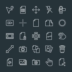 Modern Simple Set of video, photos, cursors, files Vector outline Icons. Contains such Icons as mail,  adult, sheet,  photo, image,  delete and more on dark background. Fully Editable. Pixel Perfect.