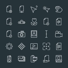 Modern Simple Set of video, photos, cursors, files Vector outline Icons. Contains such Icons as  text,  sign, remove,  vintage, image,  gift and more on dark background. Fully Editable. Pixel Perfect.