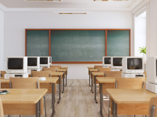klassenzimmer mit veralterten computern 