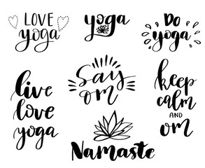 Vector set of hand lettering inscriptions about yoga. Can be used for posters, banners, print, card, logo