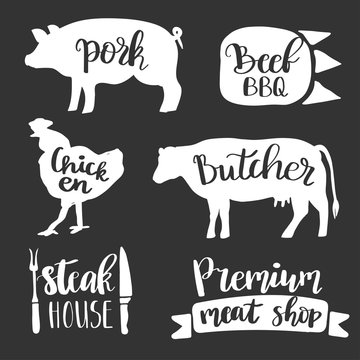 Set of vintage retro badge, label, logo design templates for meat store, charcuterie, deli shop, butchery market