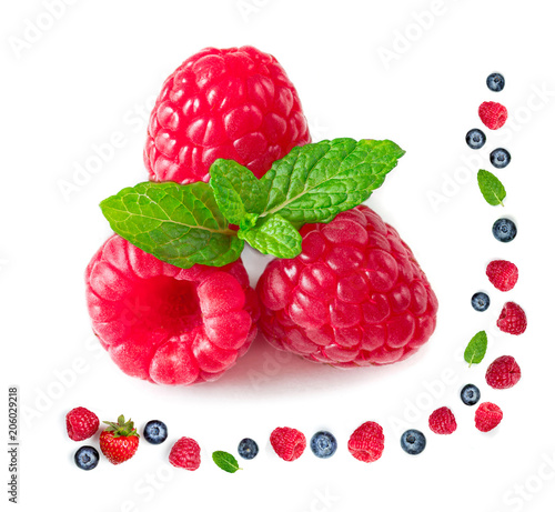 Isolated Raspberry Macro Fresh Ripe Whole Raspberries And