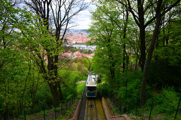Fototapeta premium Cable railway with cityscape background. Prague. Public transportation.