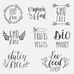 Eco, nature, vegan, bio food logos. Handwritten lettering. Vector elements for labels, logos, badges, stickers or icons. Calligraphic and typographic collection.