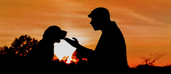 Silhouette of a deep friendship between man and dog