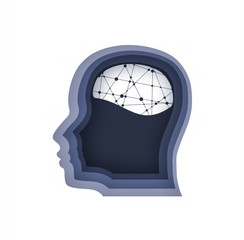 Man avatar profile view. Male face silhouette or icon. Mental health relative icon. Scientific medical designs. Connected lines with dots. Abstract background with paper cut shape.