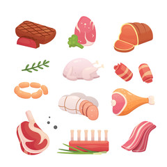 Set fresh meat products. Steak in cartoon style. Vector isolated illustration beef steak, pork sausage, ham, bacon slice. Menu design.
