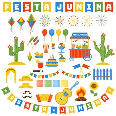 Festa junina icons set. Flat vector cartoon illustration. Objects isolated on a white background.