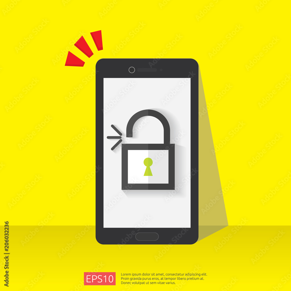 Poster mobile phone with open unlock padlock icon. attention access warning alert mark on screen. shield sa