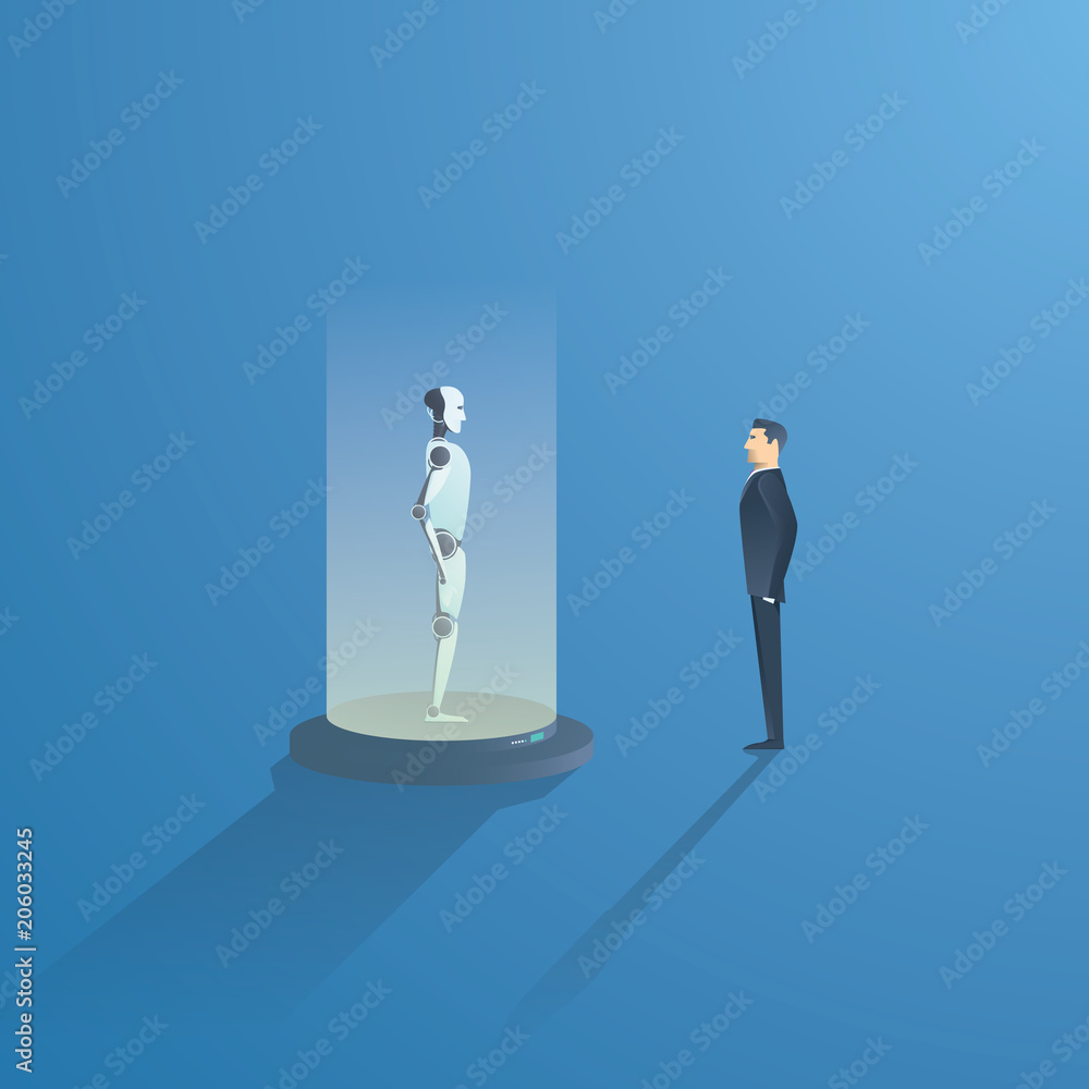 Poster development of artificial intelligence vector concept. ai bot and businessman. symbol of innovation,