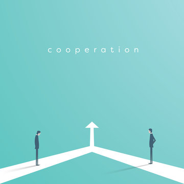 Business cooperation vector concept with two businessman and arrow connected. Symbol of teamwork, collaboration, connection.