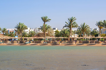 Naklejka premium Parasols on the beach of Red Sea in Hurghada, Egypt