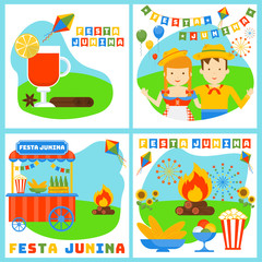 Festa junina banners set. Flat vector cartoon illustration. Objects isolated on a white background.