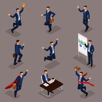 Trendy isometric people, 3d businessmen, business concept, success, getting cup, reaching goal, young businessman is isolated on dark background
