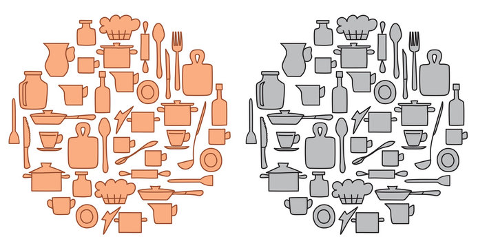 Beige And Gray Kitchenware In Round Groups - Vector Illustration