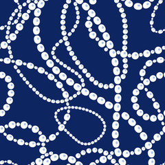 Messy white pearls necklaces and bracelets on blue, seamless pattern, vector