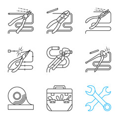 Construction tools linear icons set