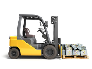 Stack of dollar money bills on wooden pallet with a forklift loader 3d render on a white background