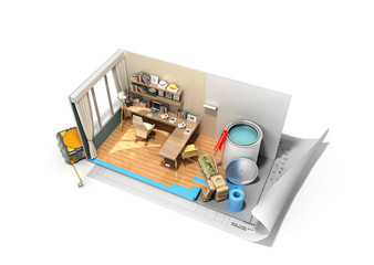 Concept of repair work isometric low poly home room renovation icon 3d render on white