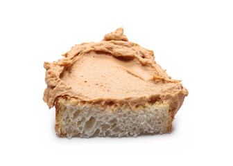 Bread slice with pate, pasty spread isolated on white background