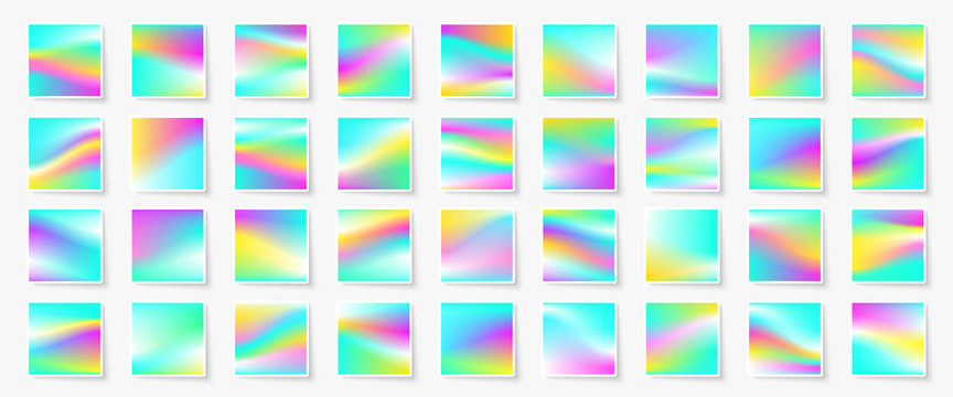 Holographic background. Vibrant neon pastel texture. Hologram glitch for web design. Hipster style backdrop set. Trendy vector background for fashion or printed products.