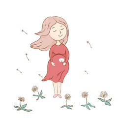 Pregnant woman in pink dress on a white background