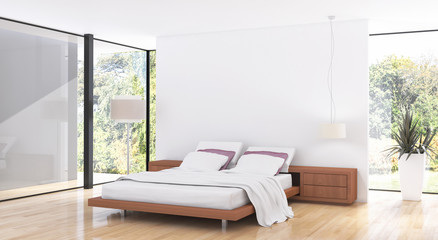 Modern bright bed room interiors 3D rendering illustration