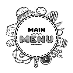 Hand drawn menu for cafe with food. Sketch concept illustration.