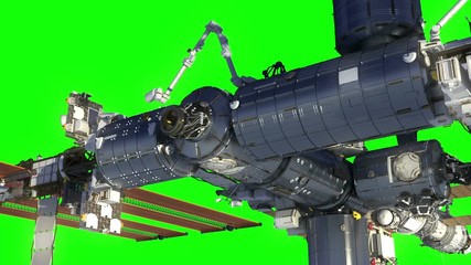 Flight Of International Space Station In Outer Space. Green Screen. 3D Animation.