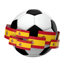 Soccer football with Spain flag against a plain white background. 3D Rendering
