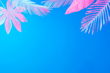 Tropical and palm leaves in vibrant bold gradient holographic neon  colors. Concept art. Minimal...