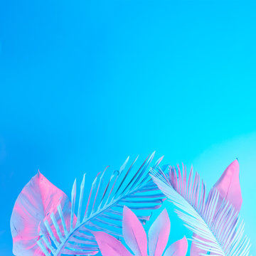 Tropical and palm leaves in vibrant bold gradient holographic neon  colors. Concept art. Minimal surrealism summer background.