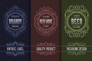 Vintage packaging design set with alcohol drink labels of brandy, wine, beer.