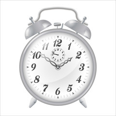 Realistic metal alarm clock isolated on white background.