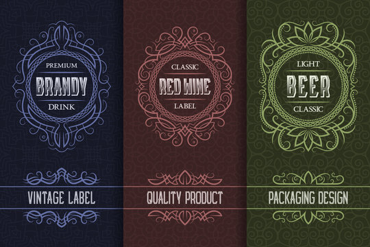 Vintage packaging design set with alcohol drink labels of brandy, wine, beer.