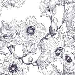 Seamless pattern of magnolia and anemones blossom branch isolated on white. Vintage botanical hand drawn illustration. Spring flowers . Vector design