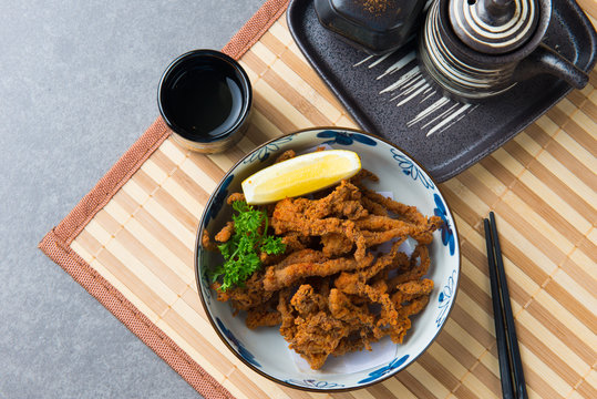 Ika Geso japanese fried spicy squid tentacle flat lay