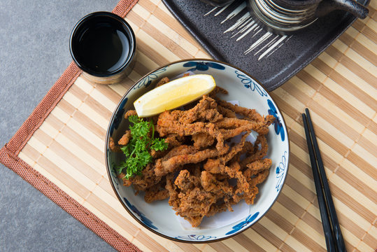 Ika Geso japanese fried spicy squid tentacle flat lay