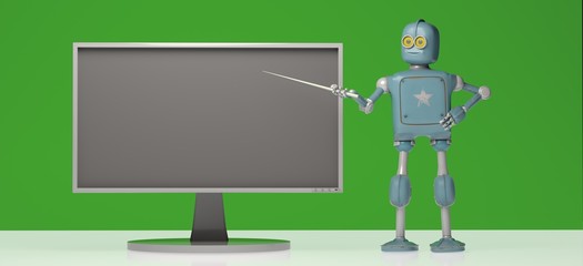 Retro robot with pointer stick on green background. 3d illustration. Robot teacher standing in front of big monitor