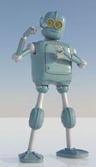 robot and butterfly on hand a blue background. retro toy and nature