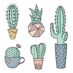 Set of cute cacti in pots in pastel colors