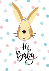 Doudle style rabbit face with party hat.. Vector illustration with handdrawn dots and text Hi, baby for kids, toddlers and babies fashion. Birthday card template.