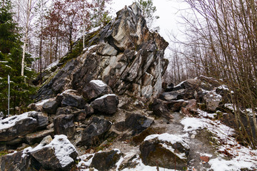 stone boulder in the marble canyon of Ruskeala, Karelia, Russia