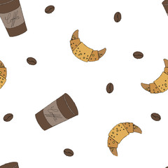Seamless vector pattern with croissans and coffee on white for wrapping, craft, decor and design