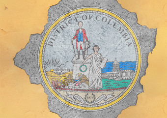 Fototapeta premium Flag of US state District of Columbia seal in big broken material concrete hole facade structure