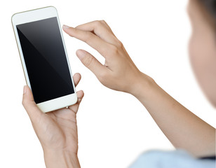 concept is women hand checking information about investment stock exchanage by phone ,with clipping path