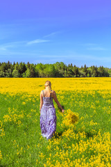 Fototapeta premium Girl running across the yellow field.